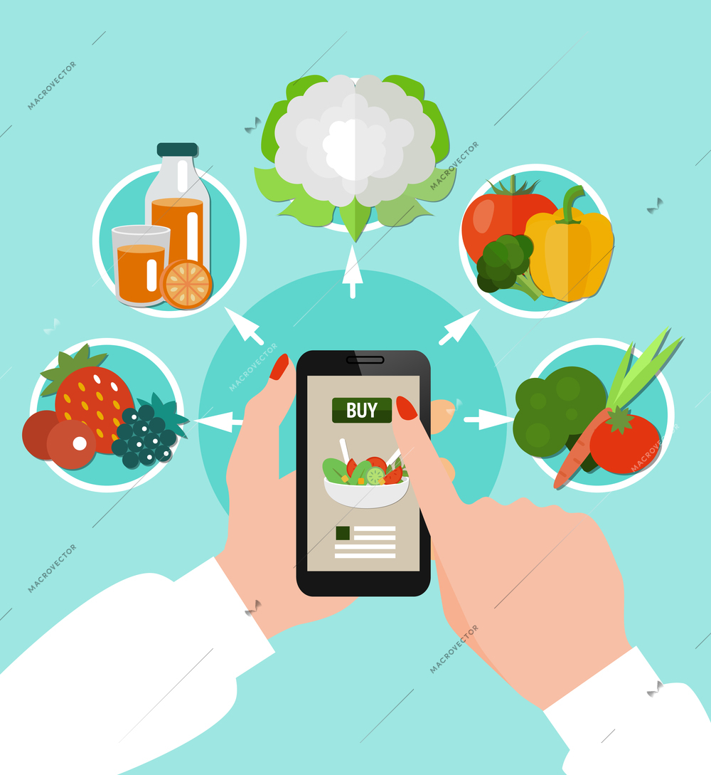 Healthy eating colored concept with round icon set combined around smartphone in female hands vector illustration