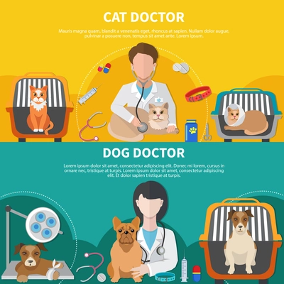 Animal care professionals for cat dog veterinarian doctor 2 horizontal banners with pet crates isolated vector illustration