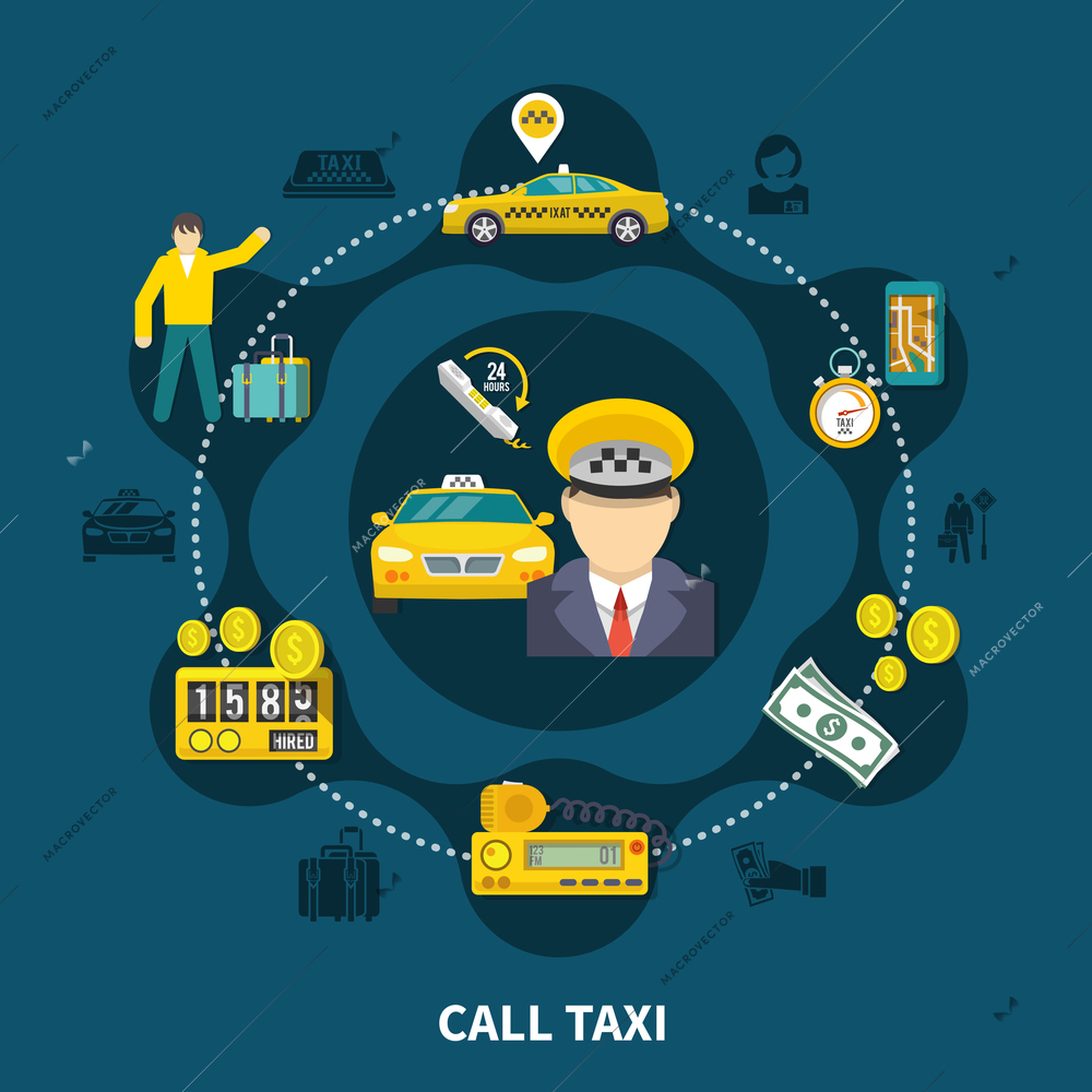 Taxi round composition of silhouette icons and flat images of car service related items with people vector illustration