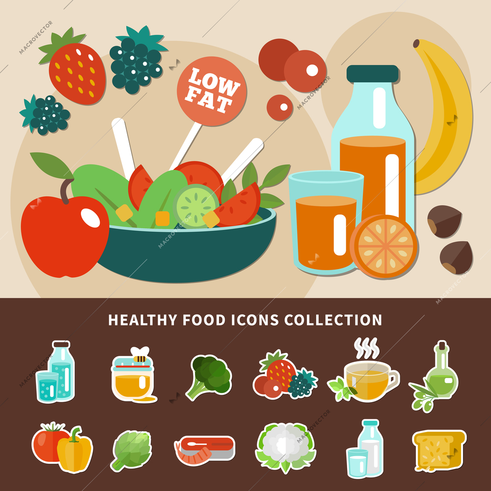 Healthy eating composition with low fat emblem and icon collection combined in concept vector illustration