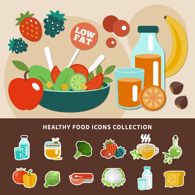 Healthy eating composition with low fat emblem and icon collection combined in concept vector illustration