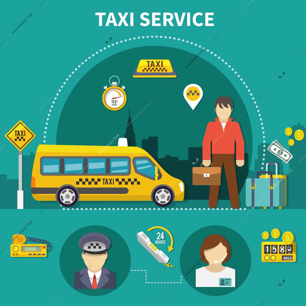 Taxi composition with car hailing service flat images and icons of taximeter money and human characters vector illustration