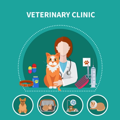 Veterinary clinic animals pet care flyer newsletter advertisement template with treatments medication flat round icons vector illustration