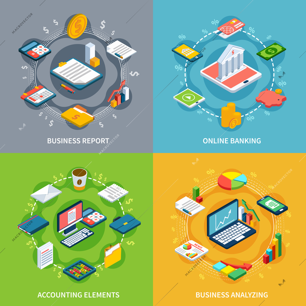 Accounting isometric design concept with round compositions of isometric icons graphs with money images and symbols vector illustration