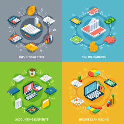 Accounting isometric design concept with round compositions of isometric icons graphs with money images and symbols vector illustration