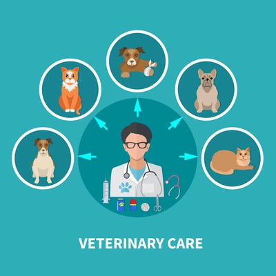 Veterinary care flat round icons composition background poster with veterinarian doctor center surrounded by pets vector illustration