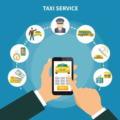 Taxi conceptual composition of circle icons with taxi service images and human hands with smartphone application vector illustration