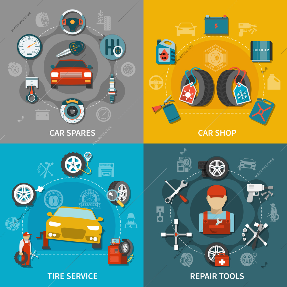 Flat design tire service equipment car spares and shop items 2x2 set on colorful background isolated vector illustration