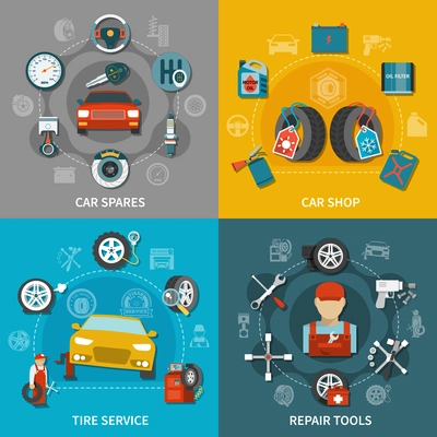 Flat design tire service equipment car spares and shop items 2x2 set on colorful background isolated vector illustration