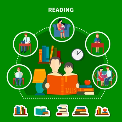 People reading literature composition on green background with stacks of books, interior elements vector illustration