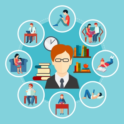 Passion for reading round composition with icons of people with books on blue background vector illustration