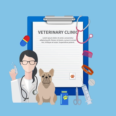 Veterinary clinic name title template flat composition  with pet physician prescription blank and dog patient vector illustration