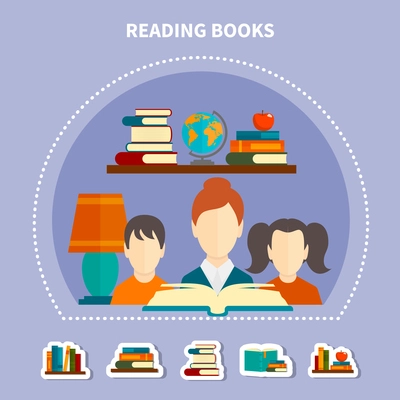 Educational reading composition on lilac background with adult and kids, stacks of books vector illustration