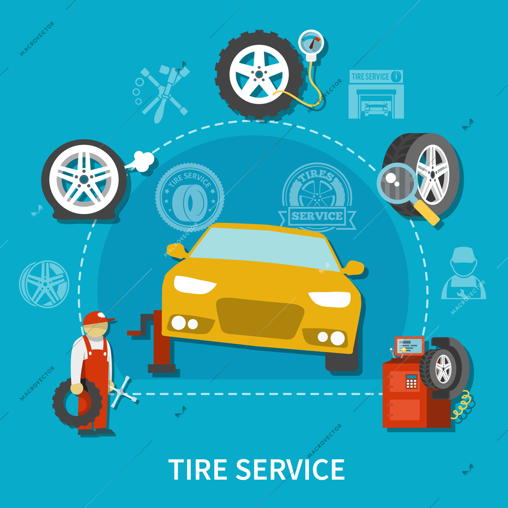 Tire service concept with mechanic repairing car on bright blue background flat vector illustration