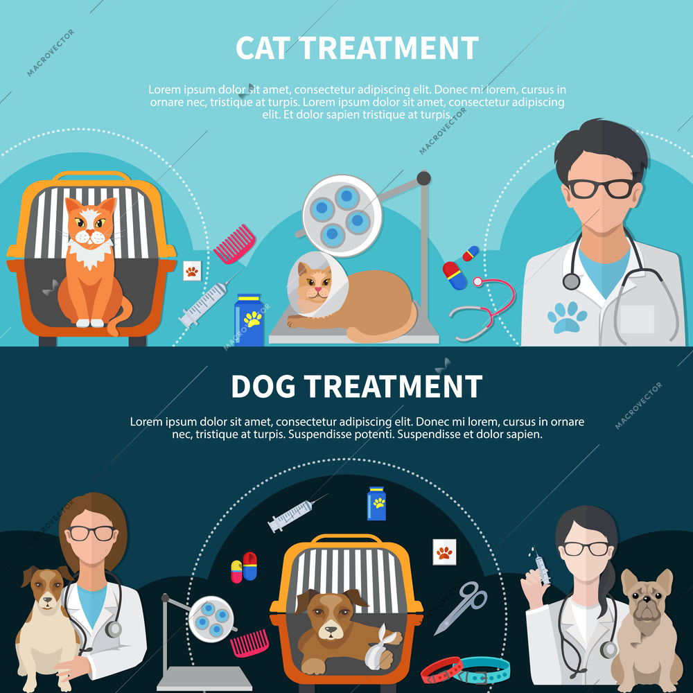 Cat and dog veterinary treatment surgical procedures medication pet insurance 2 flat horizontal banners isolated vector illustration