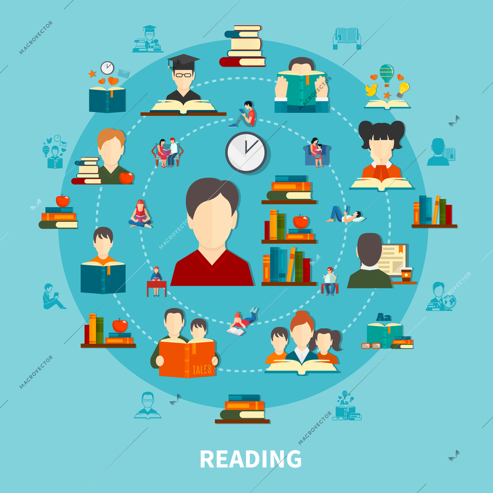 Reading round composition on blue background including persons with books, literature on shelves, electronic text vector illustration