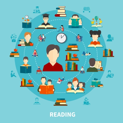 Reading round composition on blue background including persons with books, literature on shelves, electronic text vector illustration