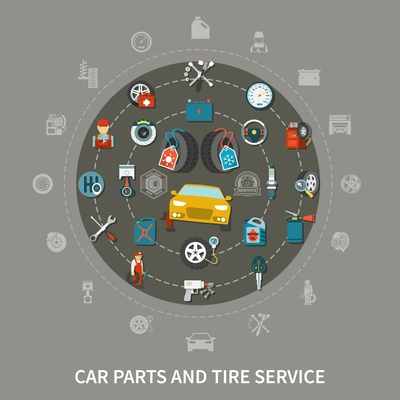 Flat design concept with tire service equipment and car spares on grey background vector illustration