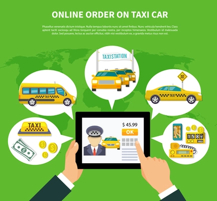 Taxi conceptual composition of tablet with taxi rent application thought bubbles taxicab icons money and text vector illustration