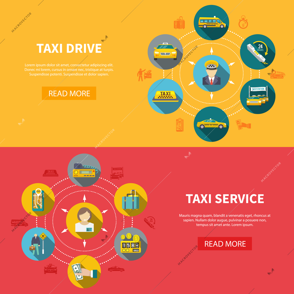 Set of two taxi horizontal banners with read more button text and round taxicab drive icons vector illustration