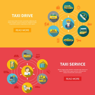 Set of two taxi horizontal banners with read more button text and round taxicab drive icons vector illustration