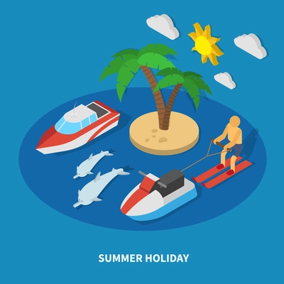 Summer holiday isometric composition with motor yacht, jet ski, island with palm tree, dolphins vector illustration