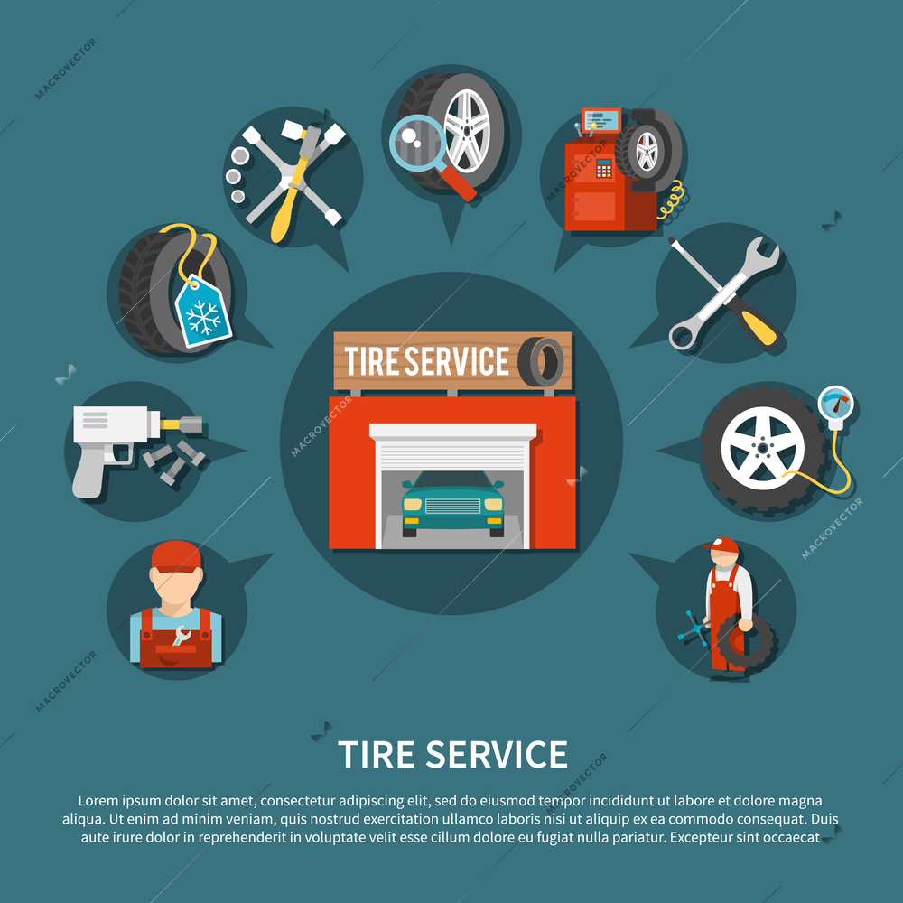 Tire service tools for repairing vehicles and various car parts flat concept vector illustration