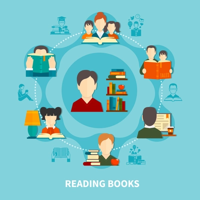 Adults and kids during reading printed and electronic books, round composition on blue background vector illustration