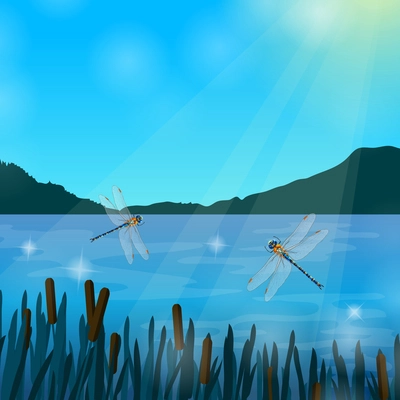 Two dragonflies flying over water in sun rays with mountains on background realistic composition vector illustration