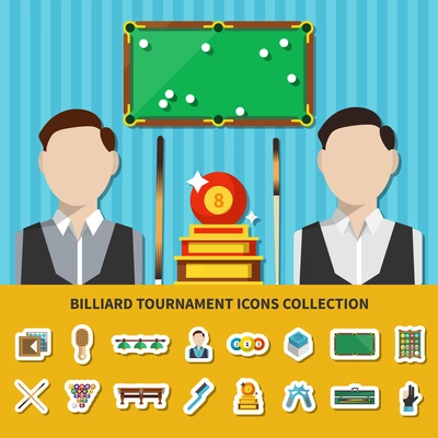 Billiard tournament icons collection with players, trophy, table with balls, game accessories, lighting isolated vector illustration