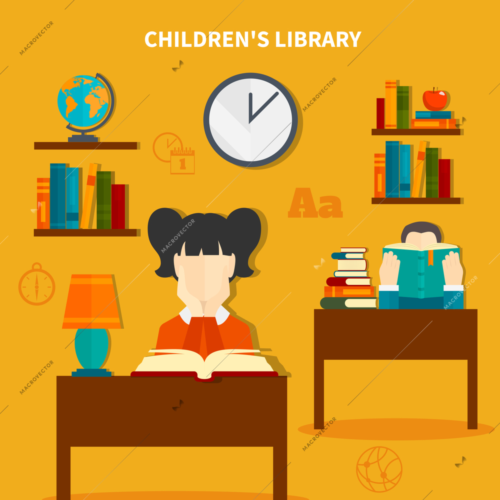 Childrens library with boy and girl during reading books, interior elements composition on yellow background vector illustration