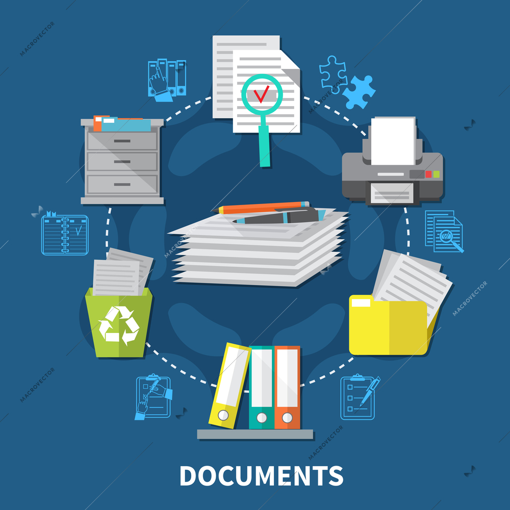 Business items composition with workflow and stacks of paper in the workplace vector illustration