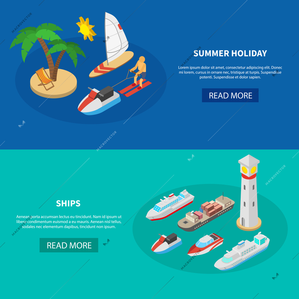 Set of horizontal isometric banners with boats for summer holiday and commercial ships isolated vector illustration