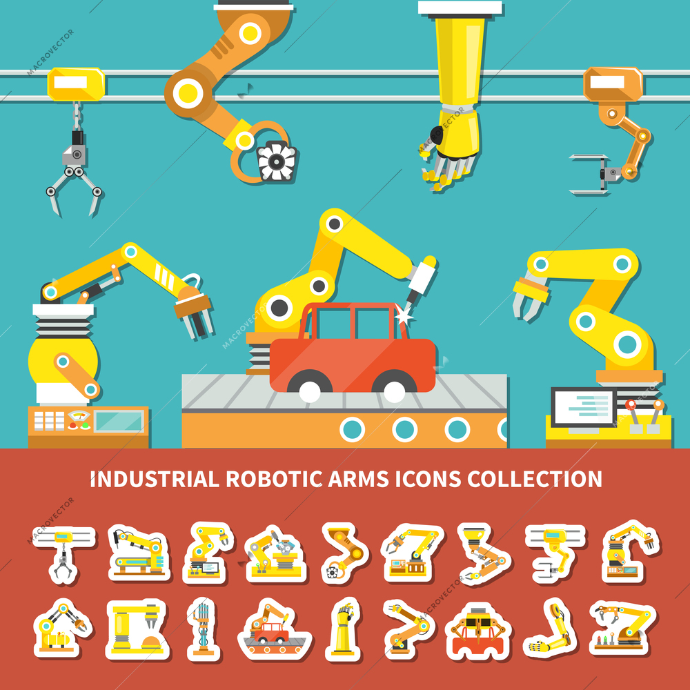 Flat robotic arm colored composition with industrial robotic arms icons collection description vector illustration