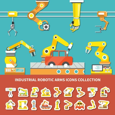 Flat robotic arm colored composition with industrial robotic arms icons collection description vector illustration