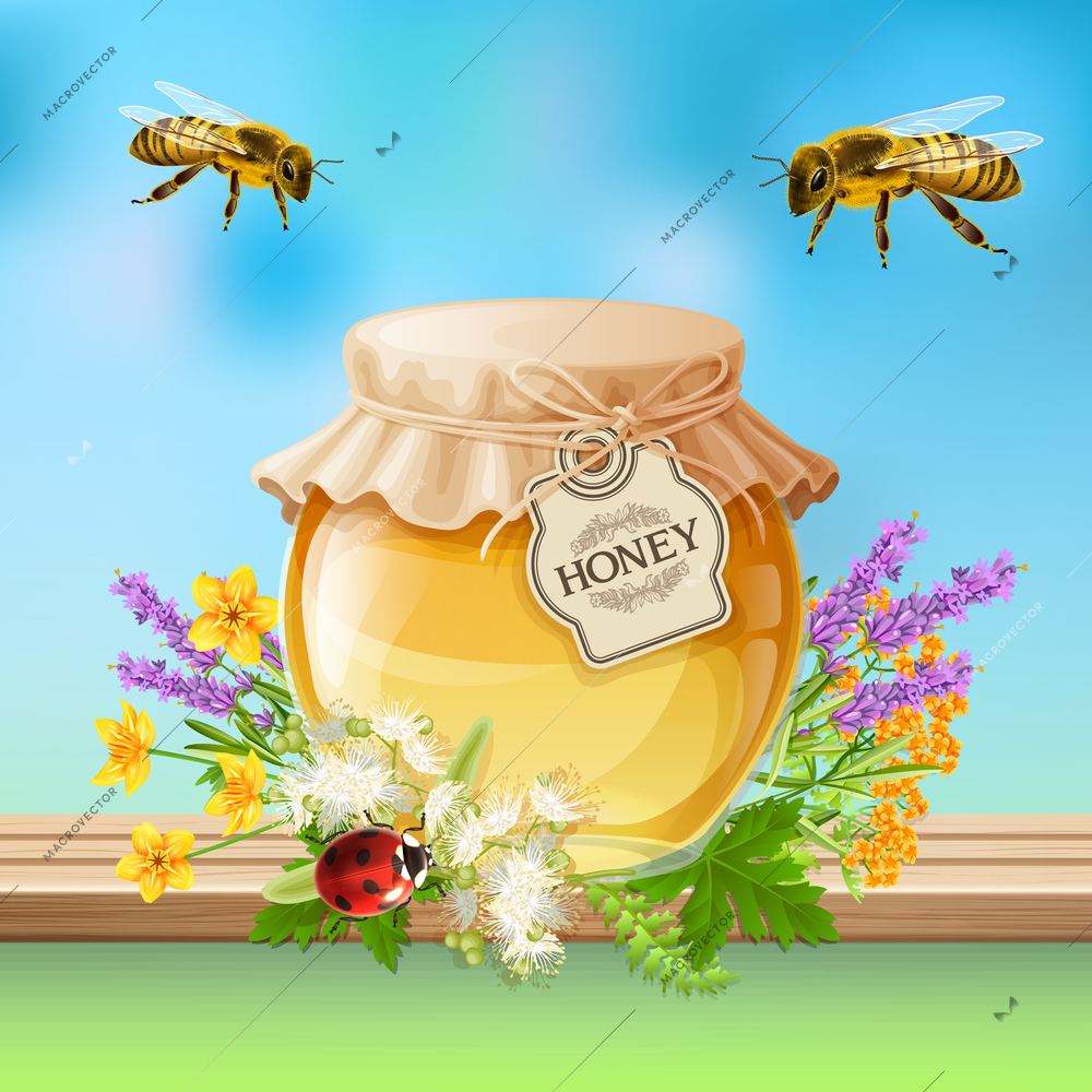 Flying bees and ladybird beetle with lavender and linden honey jar realistic composition with insects vector illustration