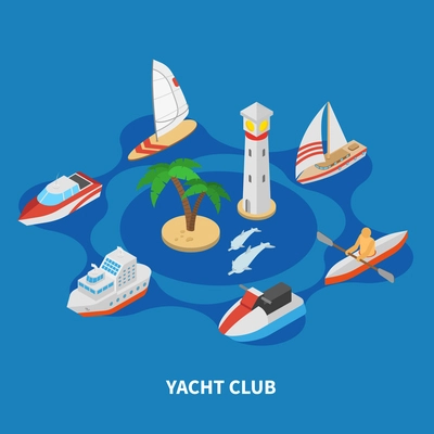 Yacht club isometric round composition on blue background with sail and motor boats, tug, lighthouse vector illustration