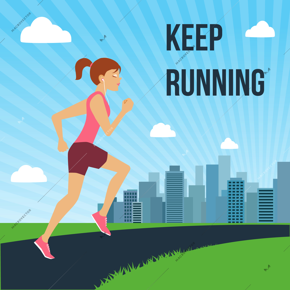 Running jogging attractive woman on city skyline background poster vector illustration