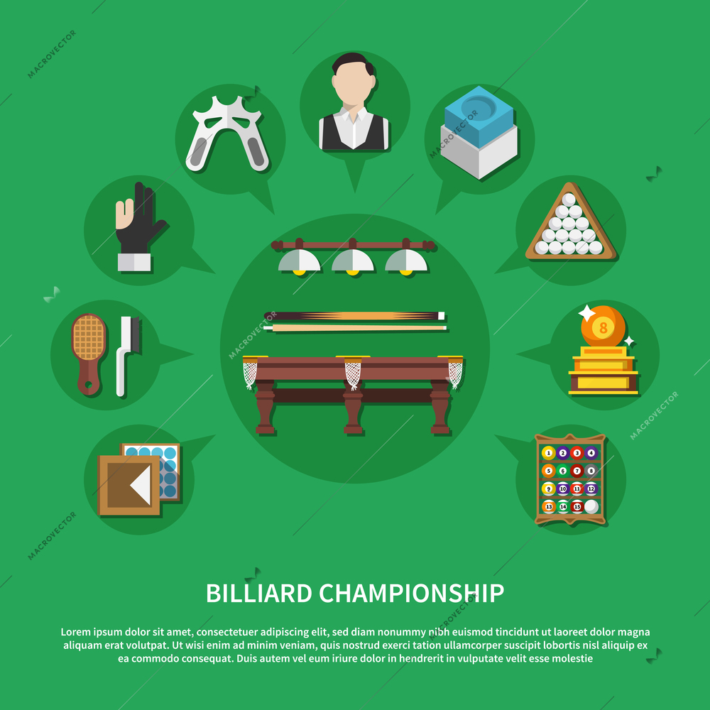 Billiard championship flat composition on green background with game equipment, players, trophy, cleaning accessories vector illustration