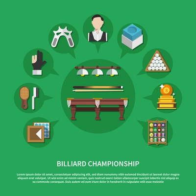 Billiard championship flat composition on green background with game equipment, players, trophy, cleaning accessories vector illustration