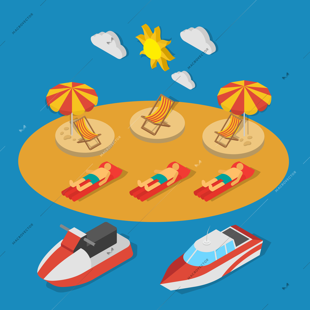 Small ships near beach with persons during sun bathing isometric composition on blue background vector illustration