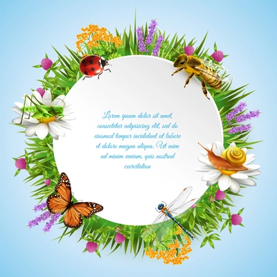 Insects in grass with wild flowers realistic round frame with ladybirds bee grasshopper and text vector illustration