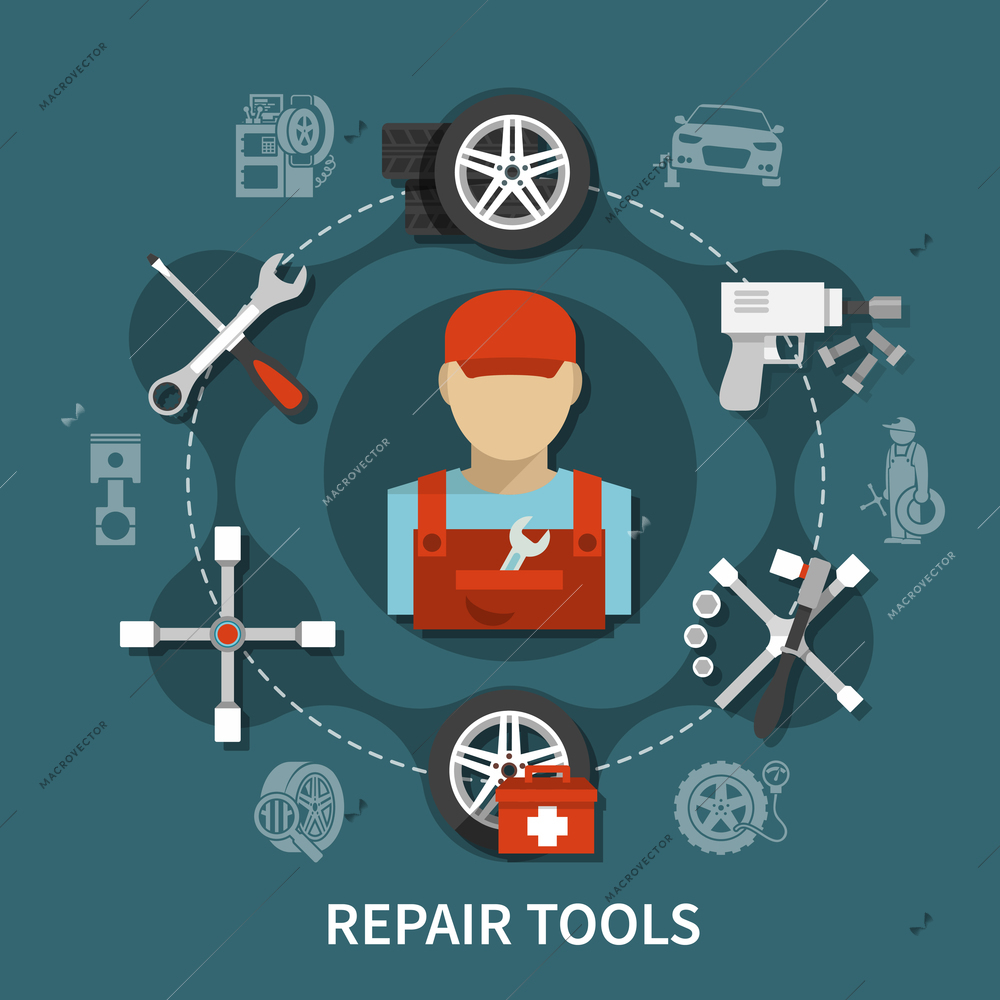 Tire service concept with car spares and various tools for repairing flat vector illustration