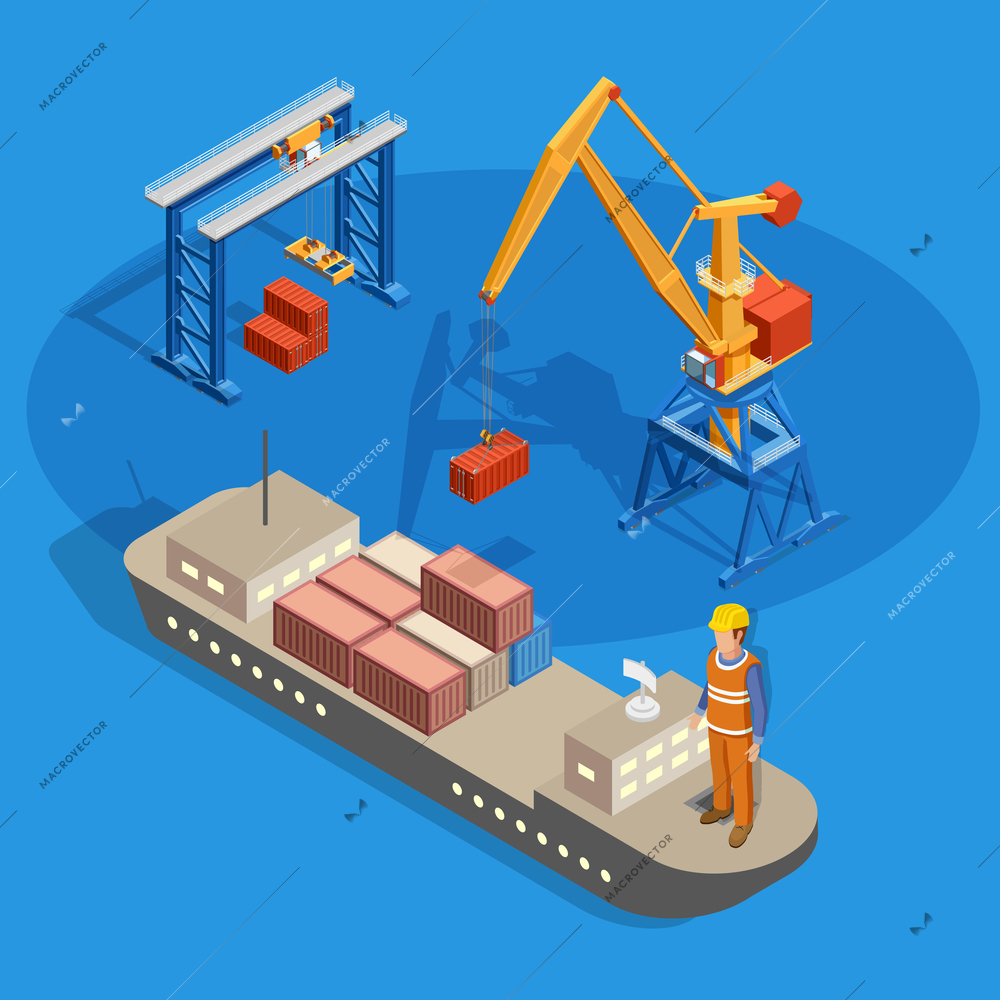 Loading cargo on ship isometric composition on blue background with industrial equipment and worker vector illustration