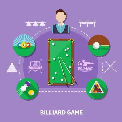 Billiard game composition on lilac background with player, balls and cue, table, game emblems vector illustration
