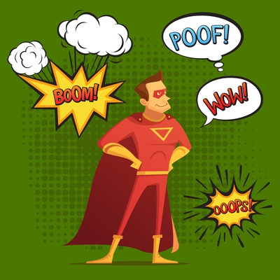 Super hero in red costume, composition with sound and emotion bubbles green background comic style vector illustration