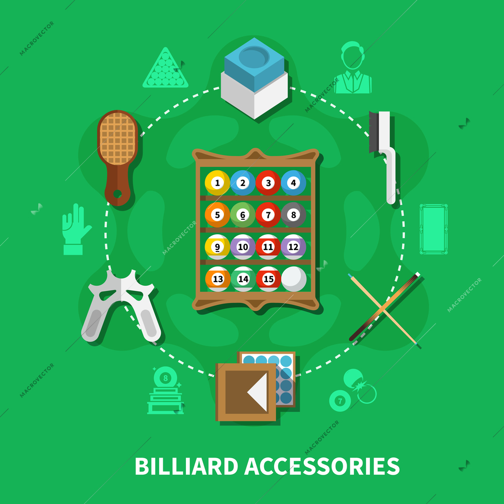 Billiard accessories round composition on green background with colorful balls, cues, brushes for cloth, chalk vector illustration