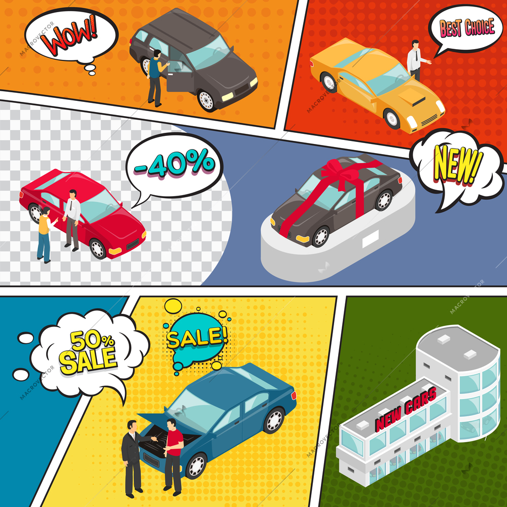 Comic book page with cars sale, bubbles with expression of emotions on colorful divided background vector illustration