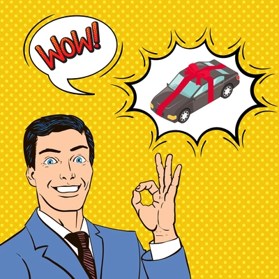 New car as gift, composition on yellow textured background with happy man, bubbles, comic style vector illustration