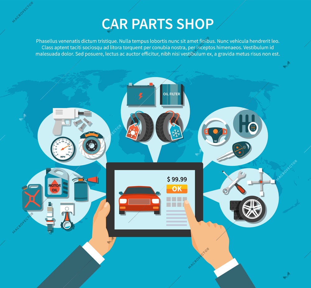 Tire service flat design concept with online shopping of car spares vector illustration